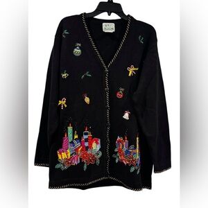 Vintage Women’s Quacker Factory Embroidered Knit Christmas Cardigab: Large
